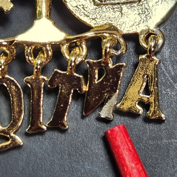 Vintage AJC Antiques Brooch Pin Gold Tone Spell Out Letter Charms 2.25 in. Long - Picture 9 of 9